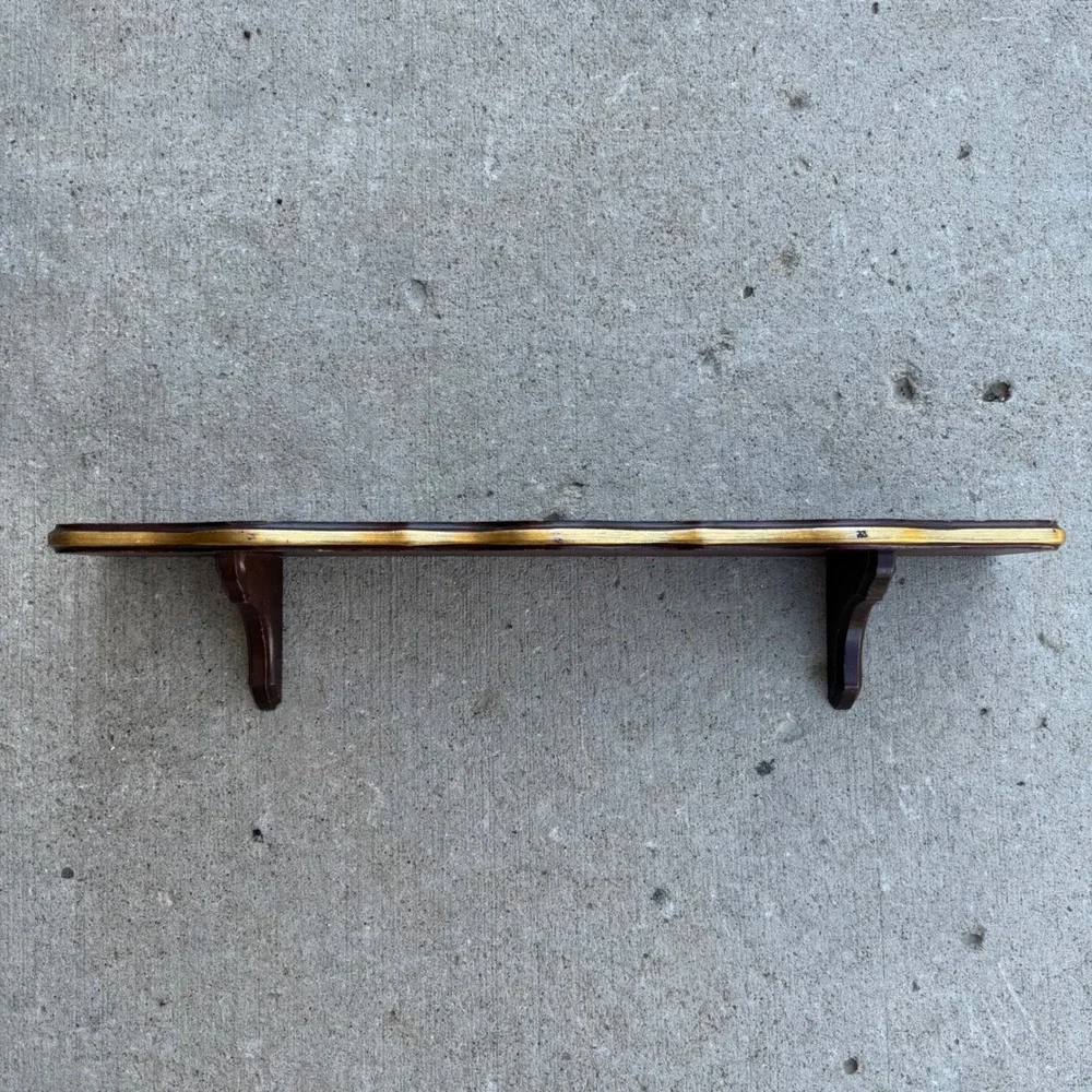 Vintage Wood Wall Shelf Scalloped Gold Edge Dark Cherry Plate Rail 24 Inch